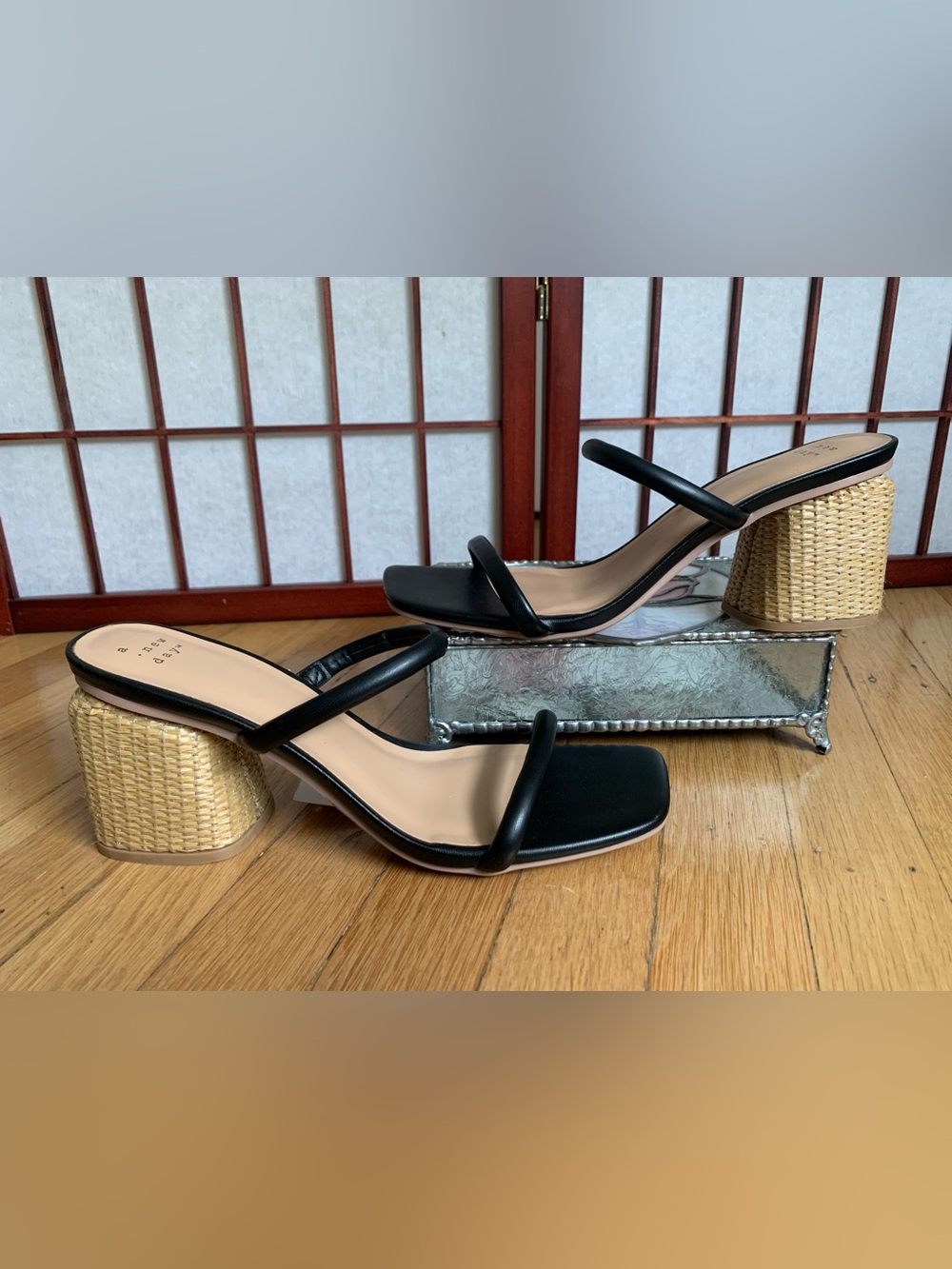 NWOB a*new*day Black Miley Double Strap Slip-On Sandals with Wicker Heel Size 10